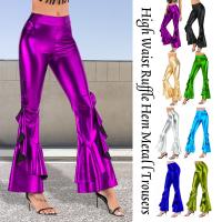 【CW】 Trousers Metallic Wetlook Ruffle Wide Leg Pants 70s Disco Hippie Bottoms