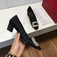 Autumn 2022 new Roger vivierˉ diamond square button shallow thick heel single shoes womens satin square head high heels