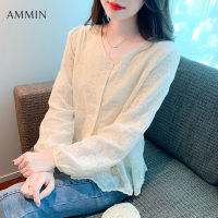 AMMIN เสื้อเชิ้ตแขนยาวปักลายคอวีกระดุมแถวเดียวสำหรับผู้หญิง,เสื้อปัก MODE Korea ดีไซน์อเนกประสงค์ทรงหลวมแขนโคมไฟเก๋ไก๋เสื้อผ้าชีฟองลูกไม้ปักเก๋ไก๋สำหรับฤดูใบไม้ร่วง2023