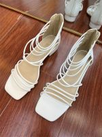 Miguo Yuandan [Show White] Foreign Trade Large Size Thick Heel Thin Strap High Top Roman Sandals Square Toe Low Heel Open Toe Sandals 【QYUE】