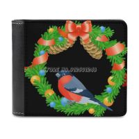 Christmas Wreath with Bullfinch on White Background Leather Wallet Mens Wallet Purse Money Clips Vector Cartoon Christmas Winte