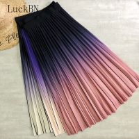 【CW】New Women Midi Skirts Autumn Gradient Color Striped Printing Pink Long Skirt High Waist Korean Casual Style A-Line Mujer Faldas