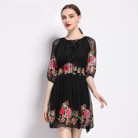 【HOT】✑◙ retro dress short NEW quality summer embroidery Clothing flowers S O-Neck dresses