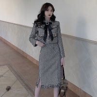 Kaysamuel ฤดูใบไม้ร่วงน้ำหอมขนาดเล็กสไตล์ชุดสตรีหญิง Houndstooth อารมณ์เสื้อแจ็กเก็ตสูทขนาดเล็กกระโปรงแยกชุดสูทสองชิ้นชุดสตรี