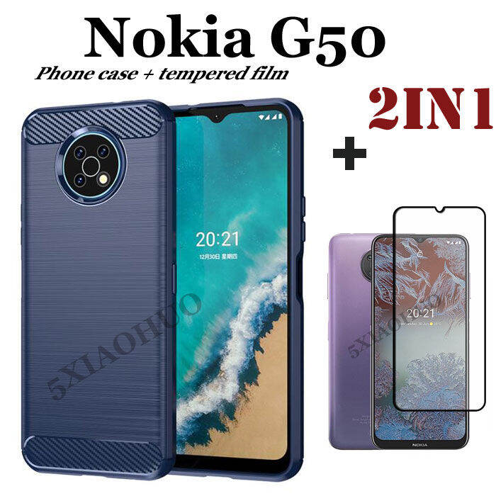 เคสโทรศัพท์2in1สำหรับ-nokia-g50แปรงคาร์บอนไฟเบอร์-เคสป้องกันรวมทุกอย่างกันตกนิ่ม-กระจกนิรภัยสำหรับ-nokia-g10-g20