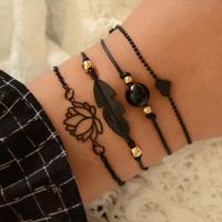 New Fashion Gothic Black Feather Bracelets Set For Women Heart Charm Bangles Female Wrist Chain Bracelets Boho Jewelry