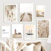 Beige Beach Ship Bridge Canvas Wall Art: Trestle Path &amp; Reed Wheat Prints สำหรับตกแต่งห้องนั่งเล่น-Lazada Exclusive