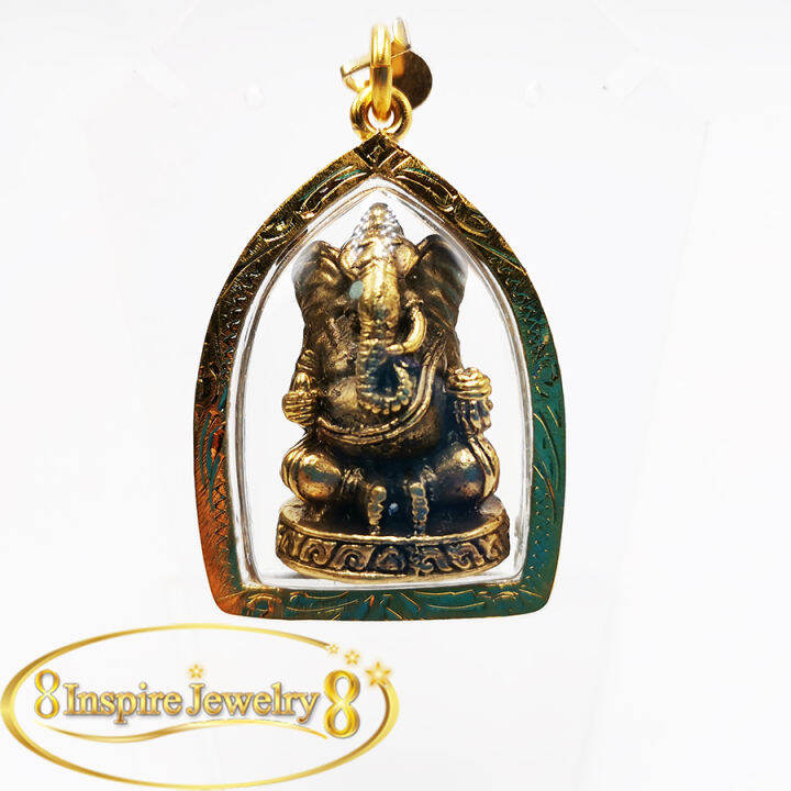 inspire-jewelry-จี้พระพิฒเนศห-เลี่ยมกรอบทองตอกลายแบบร้านทอง-24k-ขนาด-3x3cm-เครื่องรางความรัก-เมตตาความสำเร็จ-พร้อมถุงกำมะหยี่และเชือกถักเงื่อน