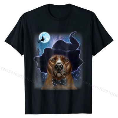 Brown Pit Bull in Witch Hat, Halloween Dog T-Shirt Hot Sale Boy Tshirts Cotton Tops Shirt Group