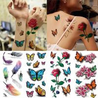 【YF】 Feather Butterfly Temporary Tattoos Sticker for Womens Body Protection Tattoo 3D Rose Flower Anime Fake Stickers Waterproof