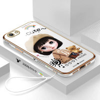 เคสสำหรับ OPPO A59 F1S (ฟรีสายคล้อง) การ์ตูนสาวน่ารักลายขอบสี่เหลี่ยมเคสโทรศัพท์ชุบเคลือบหรูหราชุบเคสโทรศัพท์นิ่ม