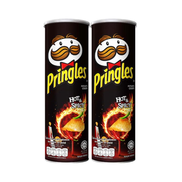 Pringles Potato Chips Hot &amp; Spicy 107 g x 2Cans.พริงเกิลส์ มันฝรั่งทอดกรอบ รสฮอตแอนด์สไปซี่ 107 กรัม แพ็ค 2 กระป๋อง