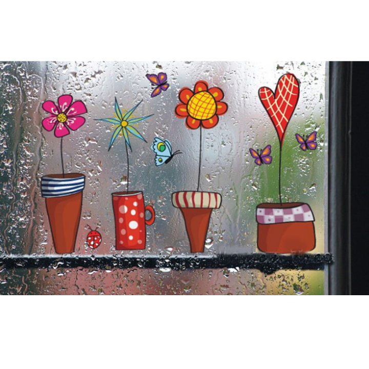 สติกเกอร์ตกแต่งติดผนังรูปลอกภาพวาดมือหน้าต่างน่ารักแบบกระถางดอกไม้