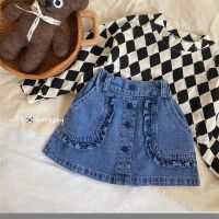 [ส่งของ]Childrens 2023 spring summer autumn New girls agaric lace denim skirt female baby Korean style all-match denim skirt