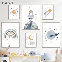 Blue Planet Art Painting Spaceship Posters Star Moon Wall Pictures Rainbow Nursery Wall Posters Baby Room Poster Boys Room Decor Wall Décor