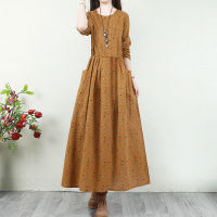 Womens Cotton Vintage Printed Autumn Long Sleeve Skirt Dress round Neck Dress Woman Dresses Vestido De Mujer Femme Robe