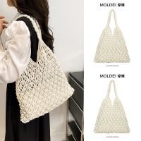 Summer white hemp rope grass woven bag women 2023 new seaside vacation beach bag fishing net hollow shoulder bag 【QYUE】