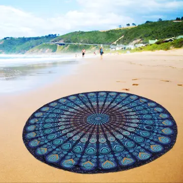 Blue Mandala Tapestry Indian Round Roundie Beach Throw Rug Boho Yoga Mat  Decor