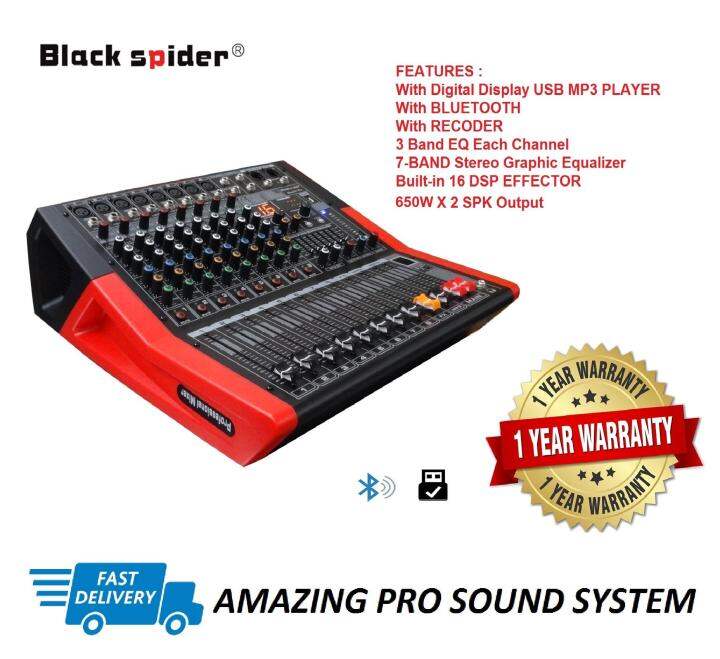 BLACK SPIDER 8 Channel Power Mixer With USB Player & Bluetooth ( 650W x