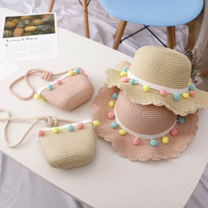 hot-dt-kids-large-wide-brim-woven-protection-beach-hat-colorful-pompom-floppy-cap-handbag