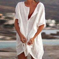 FN946N Hot Sexy Beach Swimsuit Cover-Up Women Cotton Cover Up Swimwear Casual Short Sleeve Long Blouse Solid Color Beach Dress