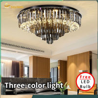 EASYHOME โคมไฟระย้า LED สามสี,ไฟแขวนคริสตัลกลมโคมไฟระย้าห้องนอนห้องนั่งเล่นตกแต่งห้องรับประทานอาหาร