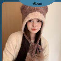 ALENNA ผ้าขนสัตว์ขนแกะ หมวกหมีบีนี่ หูหมี โครเชต์ถักโครเชต์ หมวกป้องกันหู ของใหม่ หนาขึ้น หมวกสำหรับผู้หญิง ใบไม้ร่วงและใบไม้ร่วง