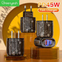 Greenyeah เครื่องชาร์จเครื่องชาร์จ USB 45W แบบใส PD20W อุปกรณ์ชาร์จโทรศัพท์ในรถยนต์เร็วสำหรับโทรศัพท์มือถือ Huawei อะแดปเตอร์ติดผนังช่องเสียบชาร์จคู่ A + C