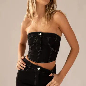 Women Vintage Denim Corset Top Sexy Button Backless Strapless Push Up  Bustier Vest Top Y2k Streetwear