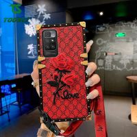 เคส3D ปักลายดอกกุหลาบสี่เหลี่ยมสุดหรูสำหรับ Redmi 10C 10A 10S 11S Redmi 9A 9C 9T 9S Redmi Note 9 Pro Max Redmi Note 10 Pro Max Mi Note 11 Pro Xiaomi Poco C3 Poco f3 M3 Poco X3โลหะขอบชุบสาวน่ารักพร้อมสายคล้อง M4 Poco