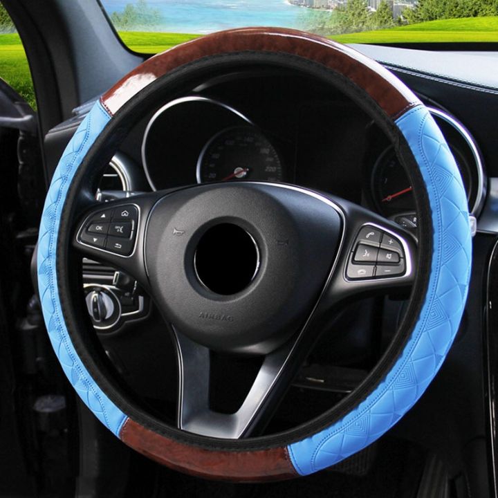 cw-4-color-new-car-steering-covers-wood-grain-mahogany-leather-embossed-no-elastic-band-anti-slip-37-38cm