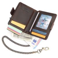 Crazy Horse Leather Card Holder RFID Protect Card Case Smart Pop-up Credential Cardholder Mens Wallet with Anti-theft Chain