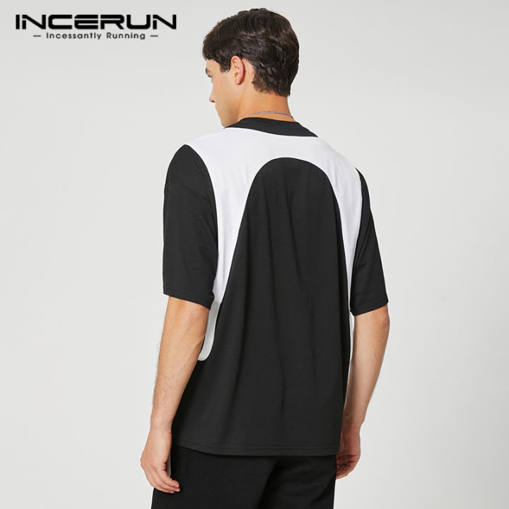 incerun-เสื้อยืดแฟชั่นแขนสั้นลายเย็บปะติดเสื้อยืดทรงหลวมสำหรับบุรุษเสื้อ-สไตล์เกาหลี