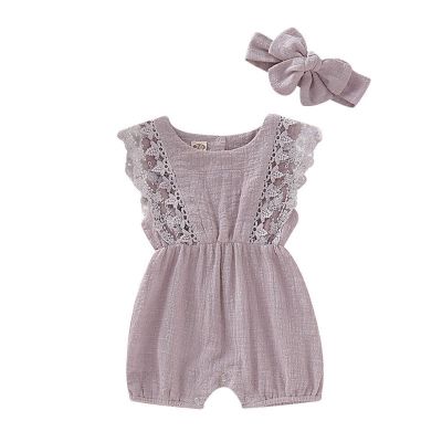 Summer Newborn Girls Rompers Set Flare Sleeve Solid Print Lace Design Romper Jumpsuit With Headband One-Pieces