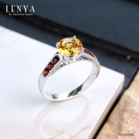 Lenya Jewelry แหวนซิทริน (Citrin) ทรงกลม ตัวเรือนเงินแท้ชุบทองคำขาว ประดับพลอยโกเมน (Garnet)