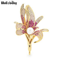 Wuli&amp;baby Luxury Cubic Zircon Flower Brooches Women Pearl Lily Weddings Party Casual Brooch Pins Gifts