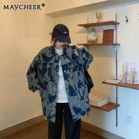 MAYCHEER   แจ็กเก็ตผู้ชายแฟชั่นคอสี่เหลี่ยม,แจ็กเก็ตลำลองทรงหลวมพิมพ์ลาย