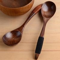 ❀◕✕ Korean Spoon Round Spoon Wooden Spoon Creative Wooden Spoon Ice Cream Scoop Wooden Rice Spoon With Black Handle New