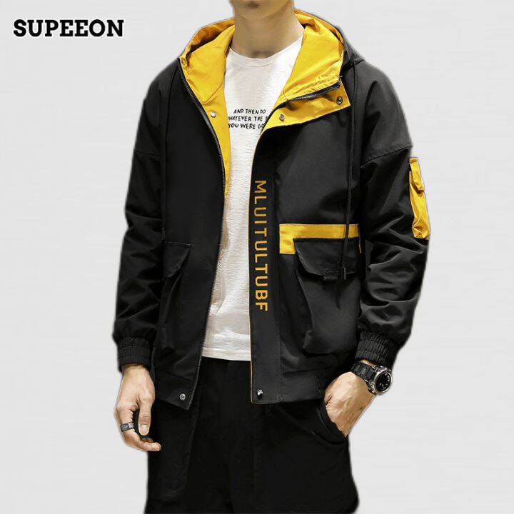 supeeon-เสื้อแจ็คเก็ตผู้ชาย-เทรนด์ใหม่ส-แนวเกาหลี-มีฮู้ดบอมเบอร์แจ๊คเก็ตคุ้มค่า-เสื้อแจ็คเก็ตกันหนาวชาย-นหลวมด้านบนสีเยาวชนจับคู่แจ็คเก