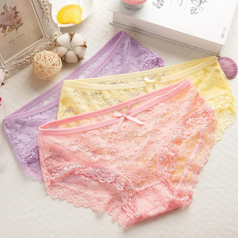 2m Women's Underwear Hollow Out Flower Lace Panties Solid Color