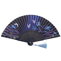 Chinese Style Vintage Handheld Folding Fan with Tassel Lily for butterfly Printed Pattern for Wedding Dancing Party Supp