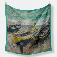 100 Twill Silk Scarf Women Bandana Fishing Boat Oil Painting Scarves Small Hijab Silk Foulards Lady Tie Headband Neckerchief