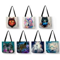 Dropship Cool Wolf Print Women Handbags Eco Reusable Shopping Bag Oil Painting Pattern Shoulder Bags for School SY0045