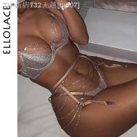 【CW】▩△  Ellolace Chain Push Up And Panty Set Rhinestone Intimates Bralette Brief