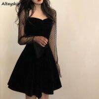 Dresses Womens Summer Vintage A-Line Solid Mesh Flare Sleeve Knee Length Square Collar Elegant Feminine Sexy Chic Women 2020 New