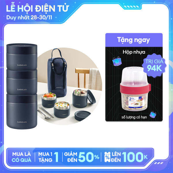 Bộ hộp cơm giữ nhiệt Lock&Lock LHC8052S01 – (300ml*2, 500ml*1, bộ đũa và thìa, túi) – Màu xanh navy