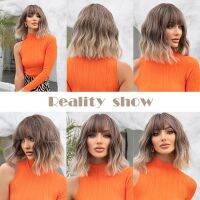 Hot Grey Wavy Bob Wigs With Bangs Short Blonde Wavy Bob With Dark Roots For Party Use