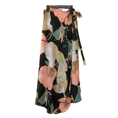 Fashion Cotton Women Floral Print Skirt Side Tie Beach Skirts Summer High Waist Wrap Flower Long Skirt With Slit