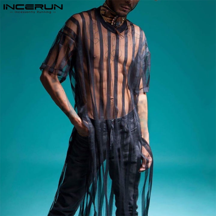 incerun-เสื้อคาฟตันแขนสามส่วนสำหรับผู้ชาย-เสื้อยืดลายตาข่ายซีทรูแฟชั่นเสื้อเบลาส์