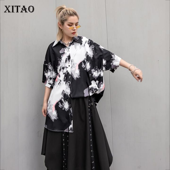 xitao-shirt-three-quarter-sleeve-button-print-turn-down-collar-shirt-fashion-women-summer-blouse